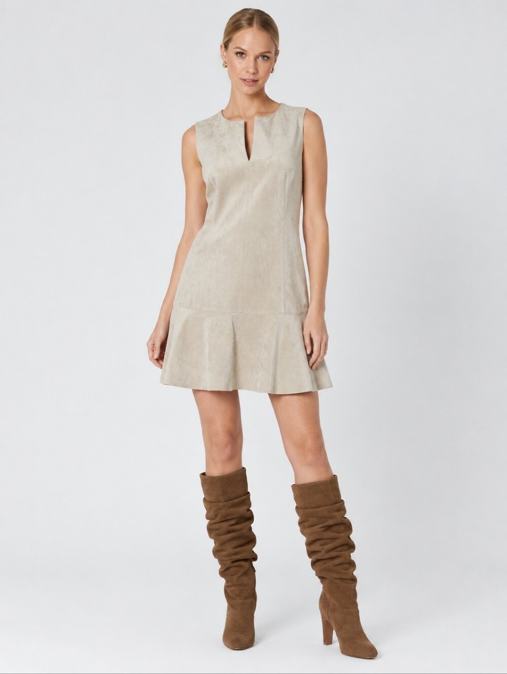 BCBGMAXAZRIA Adelene Faux Suede Mini Dress M Tan Sheath Sleeveless
